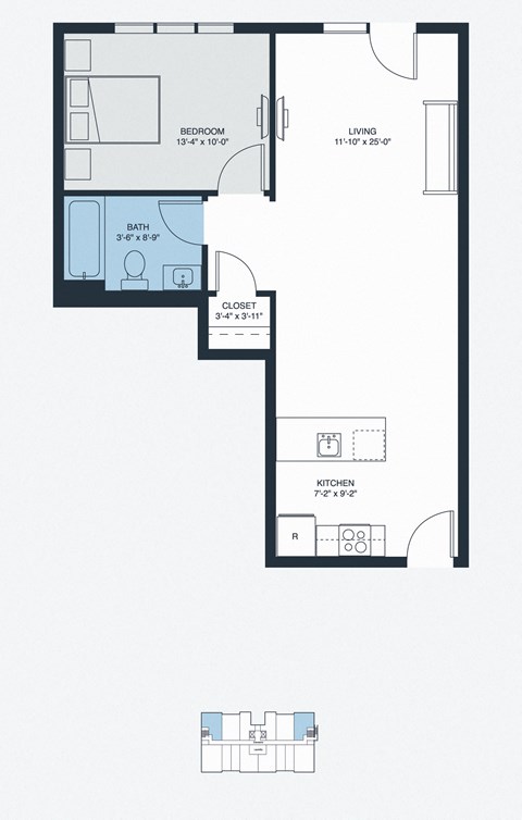 a floor plan of a small house with a bedroom and a staircase